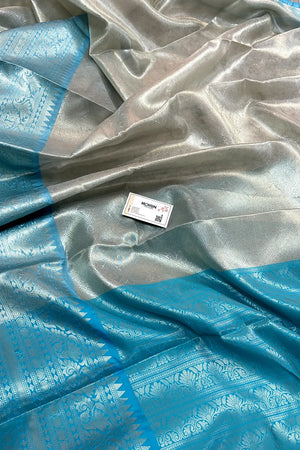 Firozi and White Tissue Silk Banarasi Saree