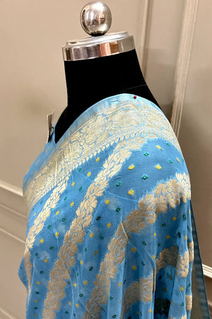 Firozi Bandhej Georgette Silk Banarasi Saree