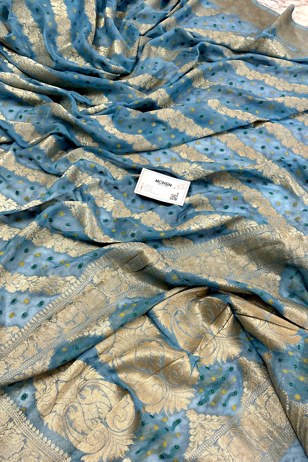 Firozi Bandhej Georgette Silk Banarasi Saree