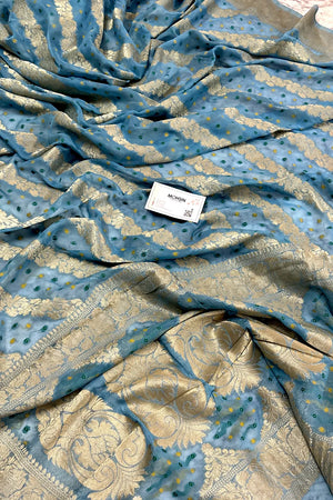 Firozi Bandhej Georgette Silk Banarasi Saree