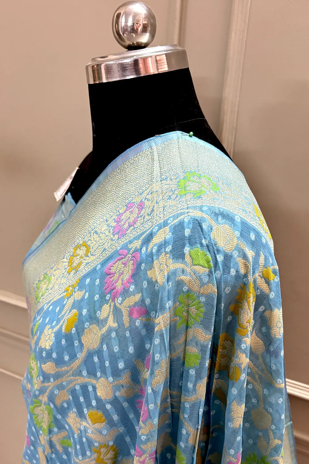 Firozi Bandhej Meena Georgette Silk Banarasi Saree