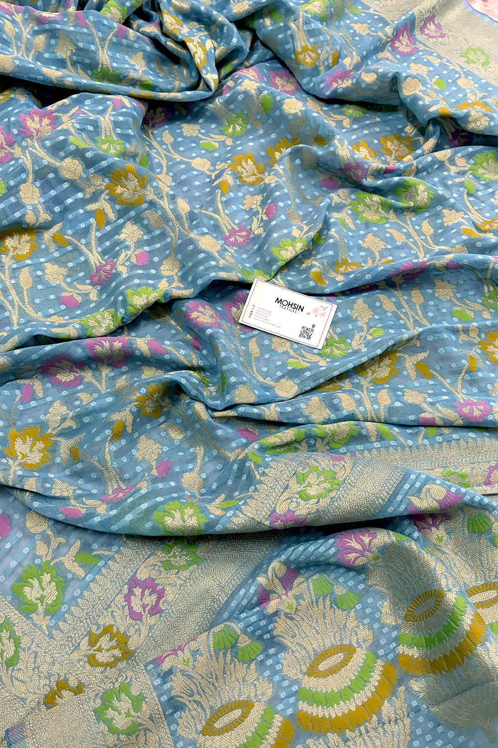 Firozi Bandhej Meena Georgette Silk Banarasi Saree