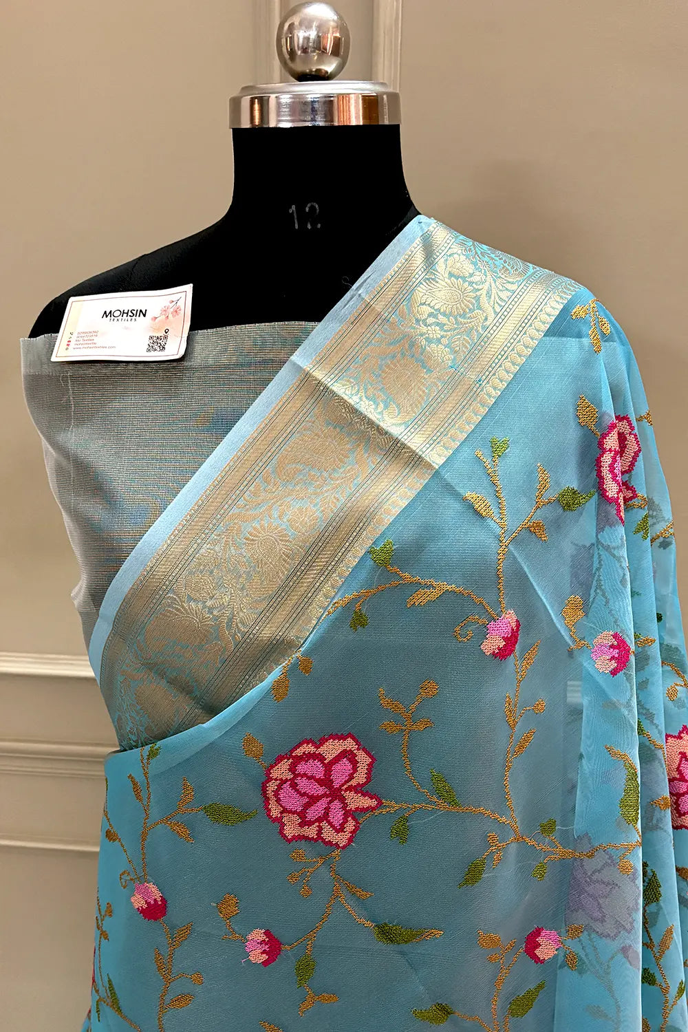 Firozi Embroidery Net Banarasi Saree