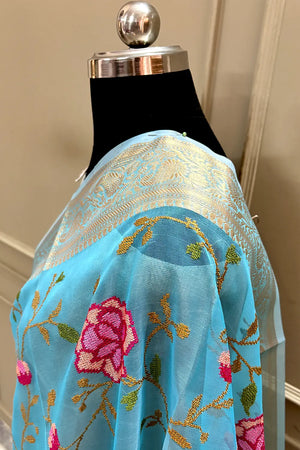 Firozi Embroidery Net Banarasi Saree