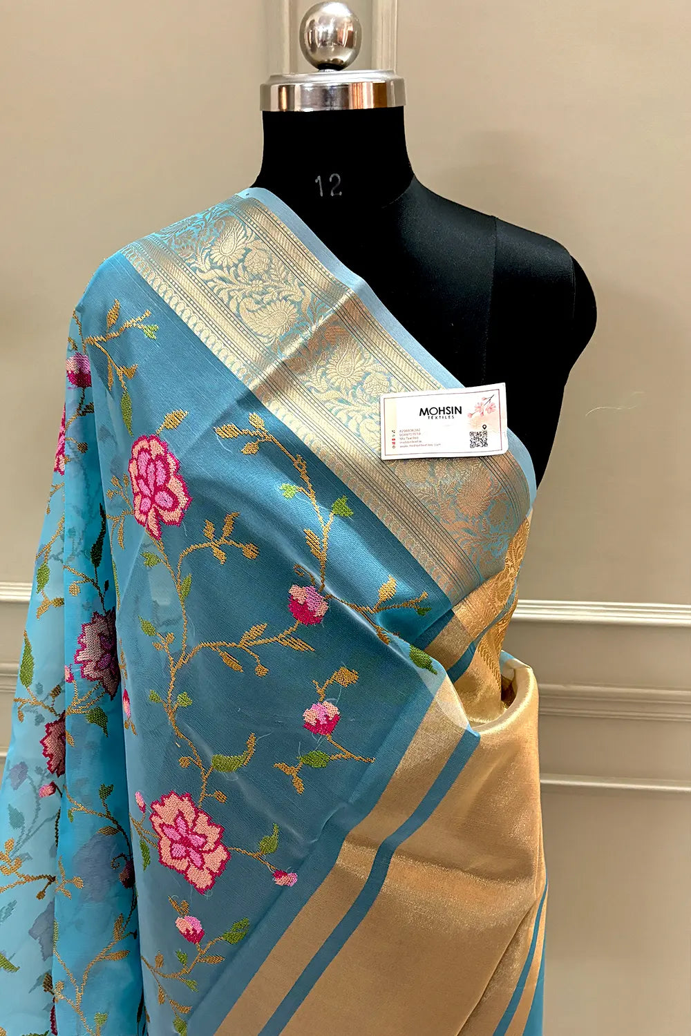 Firozi Embroidery Net Banarasi Saree