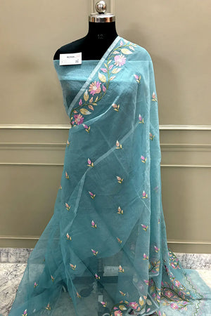 Firozi Embroidery Net Banarasi Saree