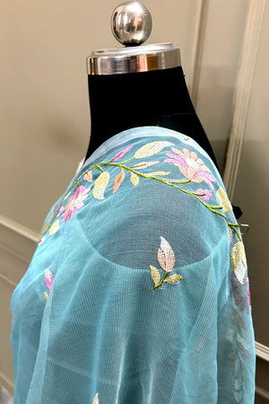 Firozi Embroidery Net Banarasi Saree