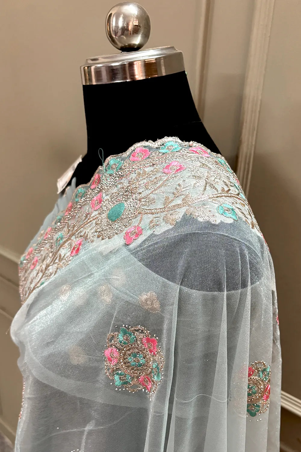 Firozi Embroidery Swarovski Brasso Net Saree