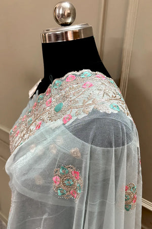 Firozi Embroidery Swarovski Brasso Net Saree