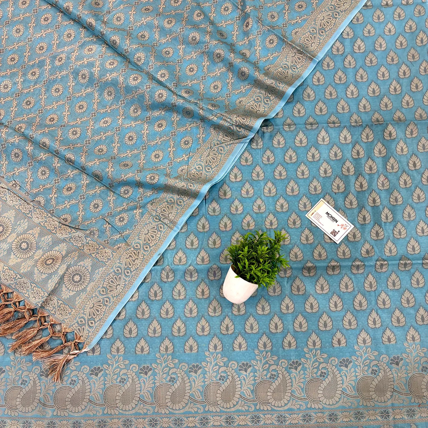 Firozi Kacchi Carry Patta Cotton Silk Banarasi Suit