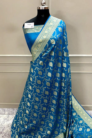 Firozi Pandaar Jaal Katan Silk Banarasi Saree