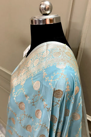 Firozi Ropeway Jaal Katan Silk Banarasi Saree