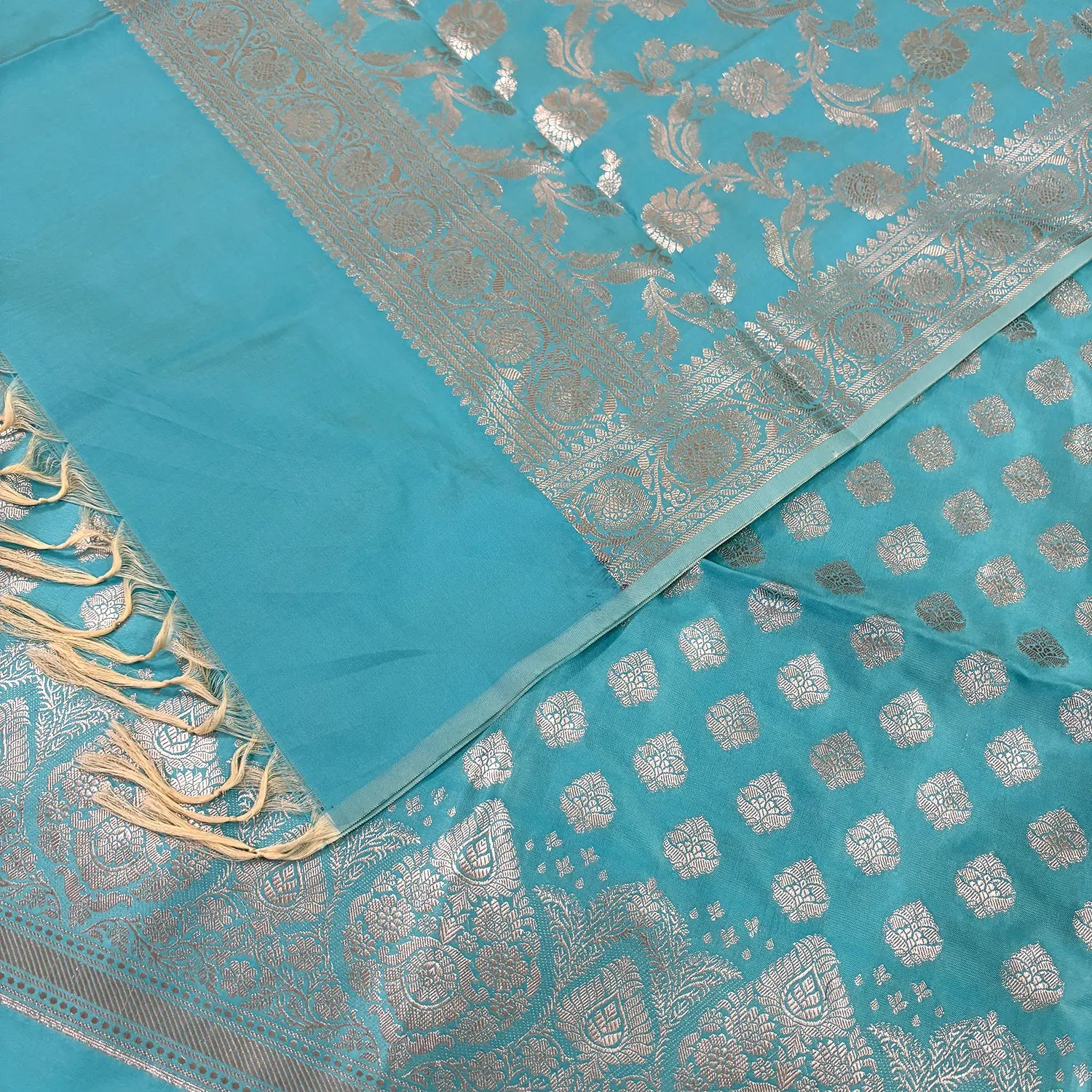 Firozi Singhasan Buti Satin Silk Banarasi Suit