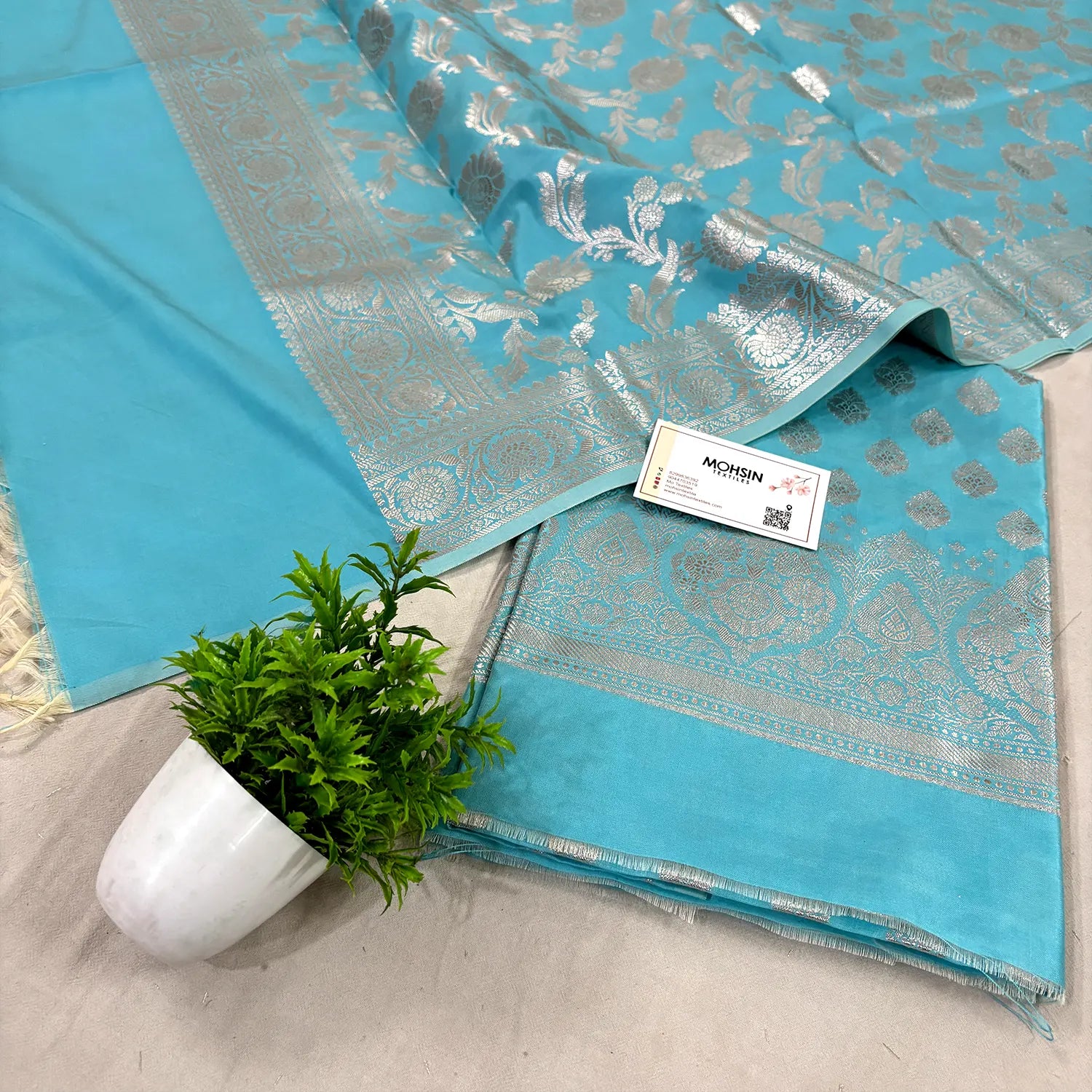 Firozi Singhasan Buti Satin Silk Banarasi Suit