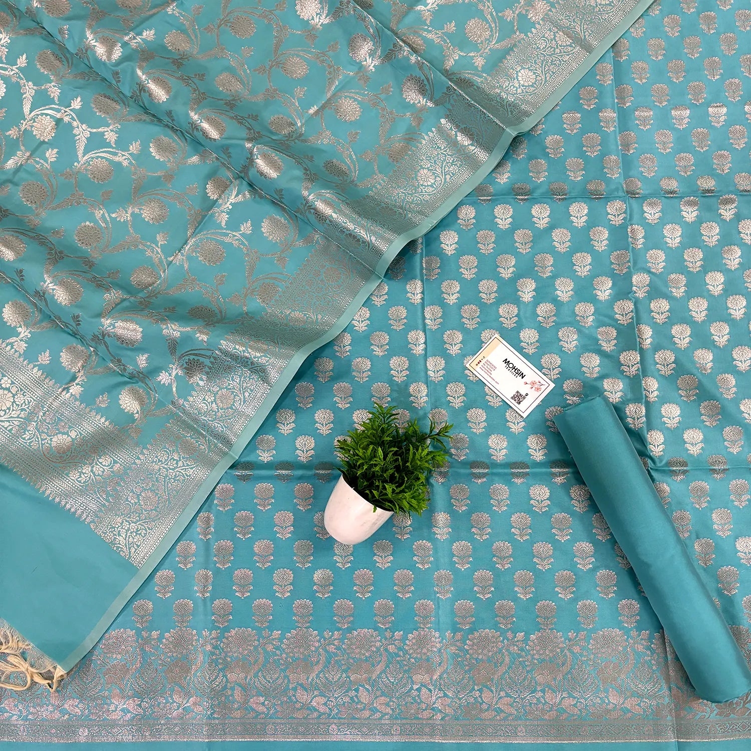 Firozi Sunflower Satin Silk Banarasi Suit