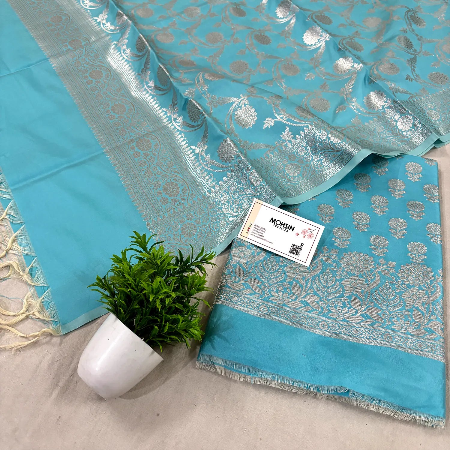 Firozi Sunflower Satin Silk Banarasi Suit