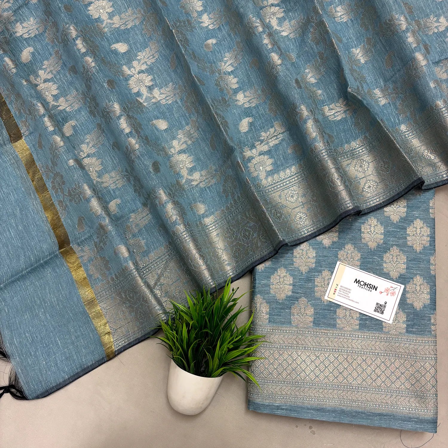 Firozi  Tri Phool Linen Silk Banarasi Suit