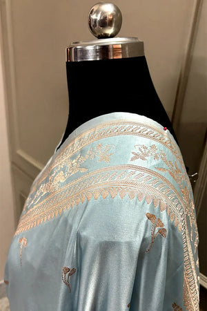 Firozi Zari Katan Mashru Silk Banarasi Saree