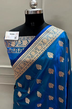 Firozi Zari Katan Satin Silk Banarasi Saree