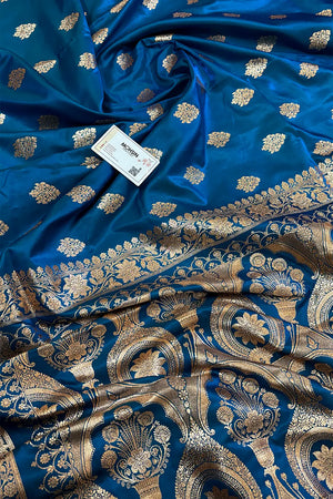 Firozi Zari Katan Satin Silk Banarasi Saree