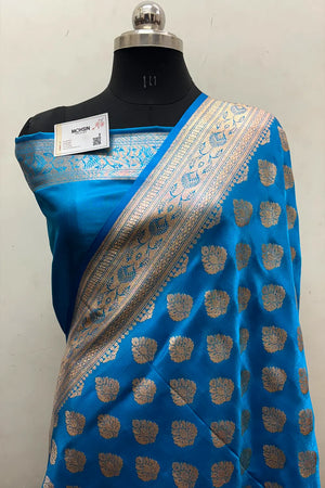 Firozi Zari Satin Silk Banarasi Saree