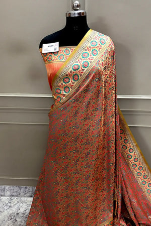 Gold and Peach Jungli Jaal Katan Silk Banarasi Saree