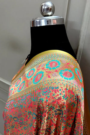 Gold and Peach Jungli Jaal Katan Silk Banarasi Saree