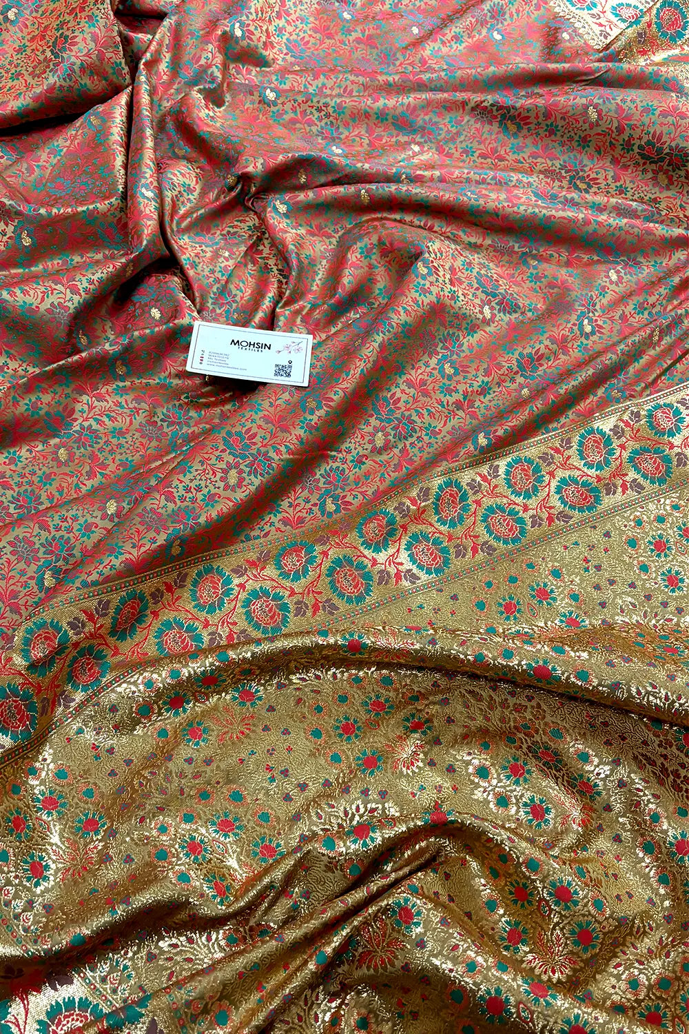 Gold and Peach Jungli Jaal Katan Silk Banarasi Saree