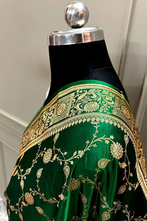 Green Albeli Jaal Katan Satin Silk Banarasi Saree