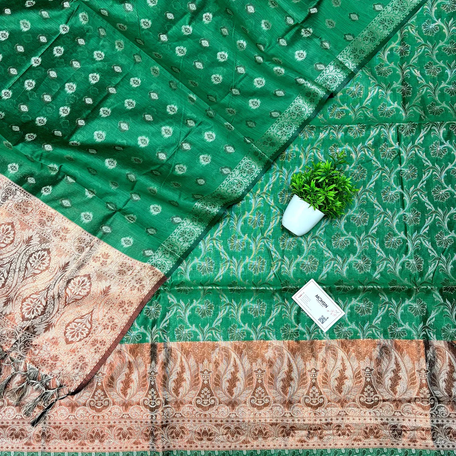 Green and Gold Zari Border Cotton Silk Banarasi Suit