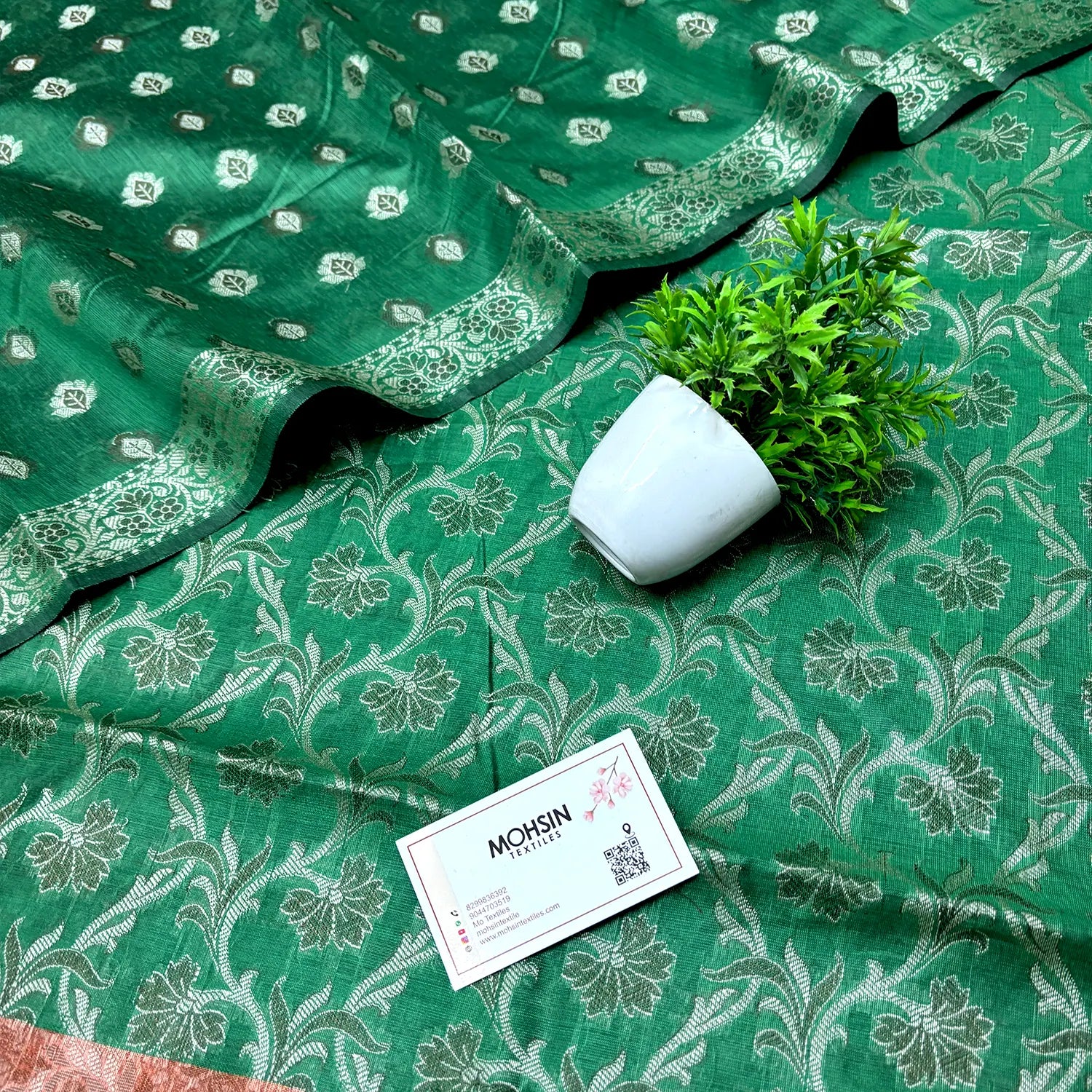Green and Gold Zari Border Cotton Silk Banarasi Suit