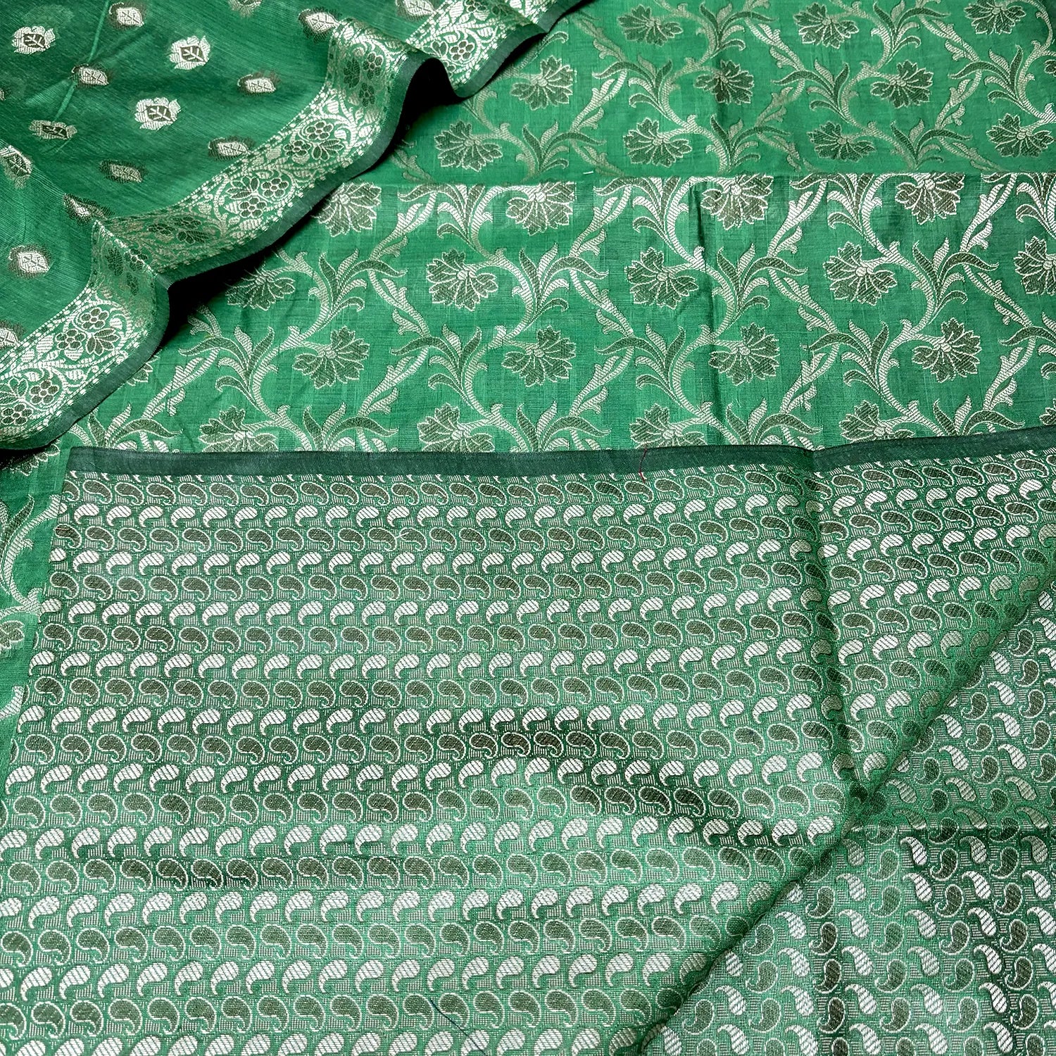Green and Gold Zari Border Cotton Silk Banarasi Suit