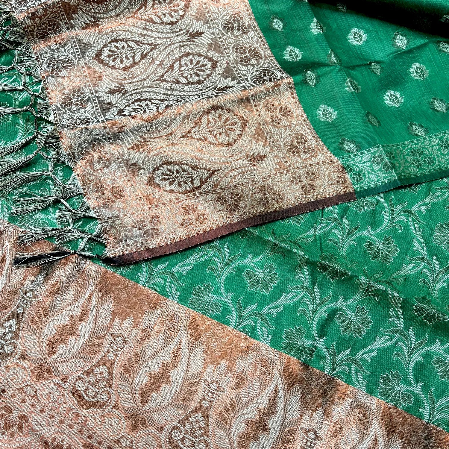 Green and Gold Zari Border Cotton Silk Banarasi Suit