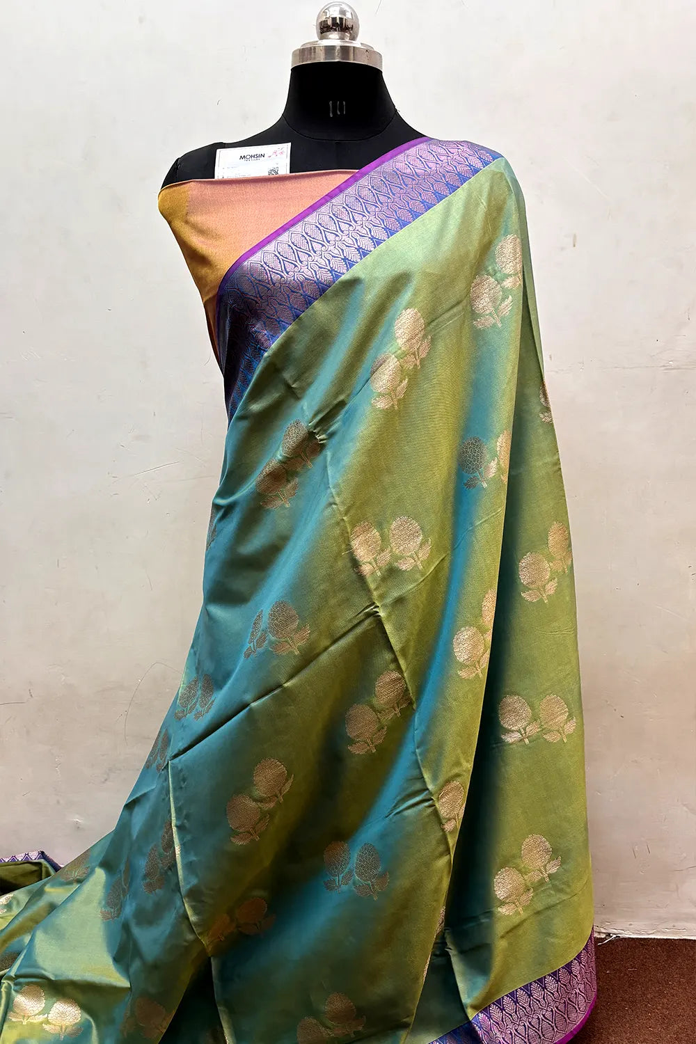 Green and Mustard Zari Semi Katan Silk Banarasi Saree