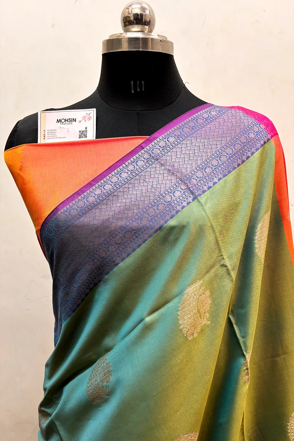 Green and Orange Zari Semi Katan Silk Banarasi Saree