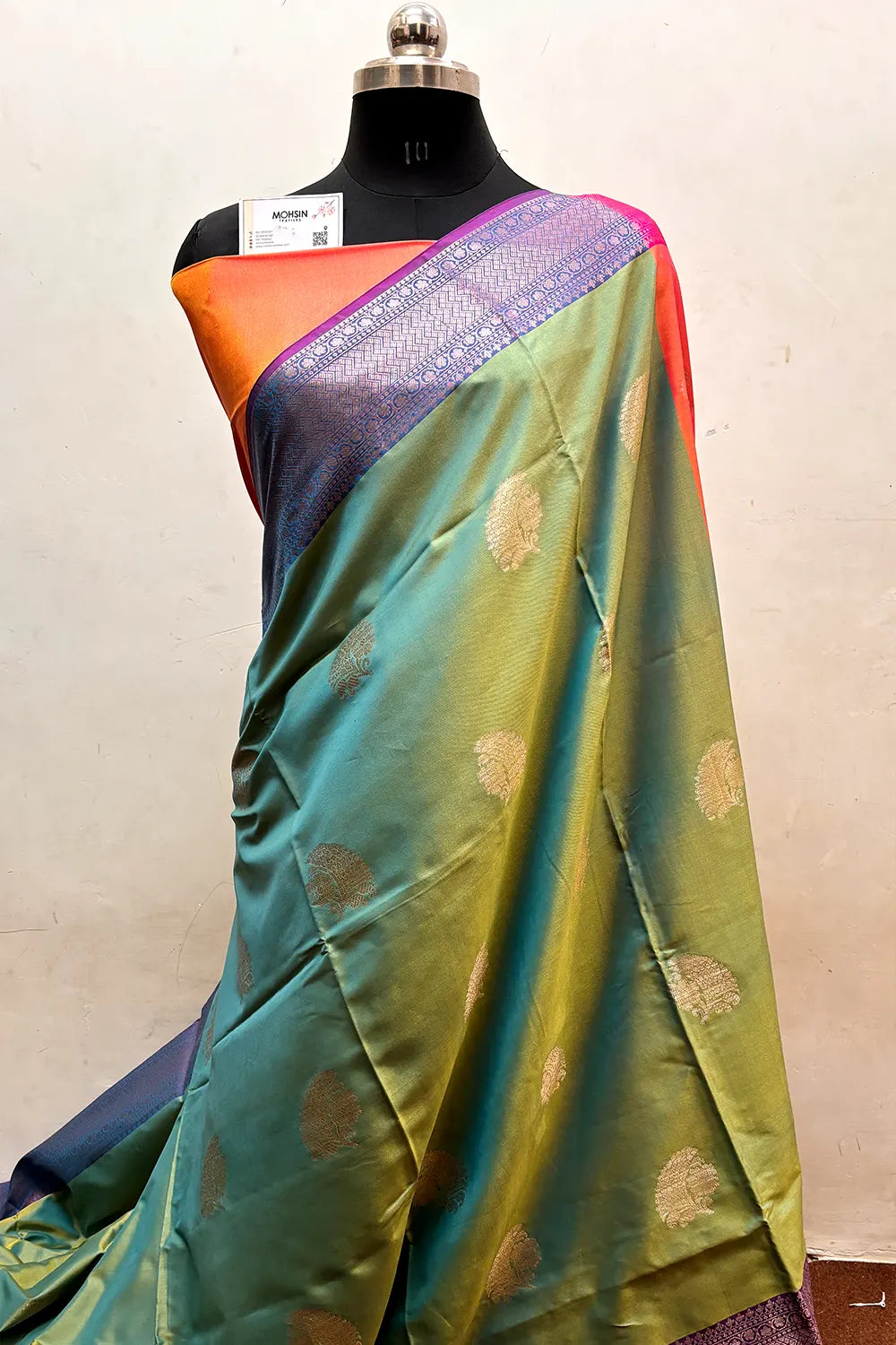 Green and Orange Zari Semi Katan Silk Banarasi Saree