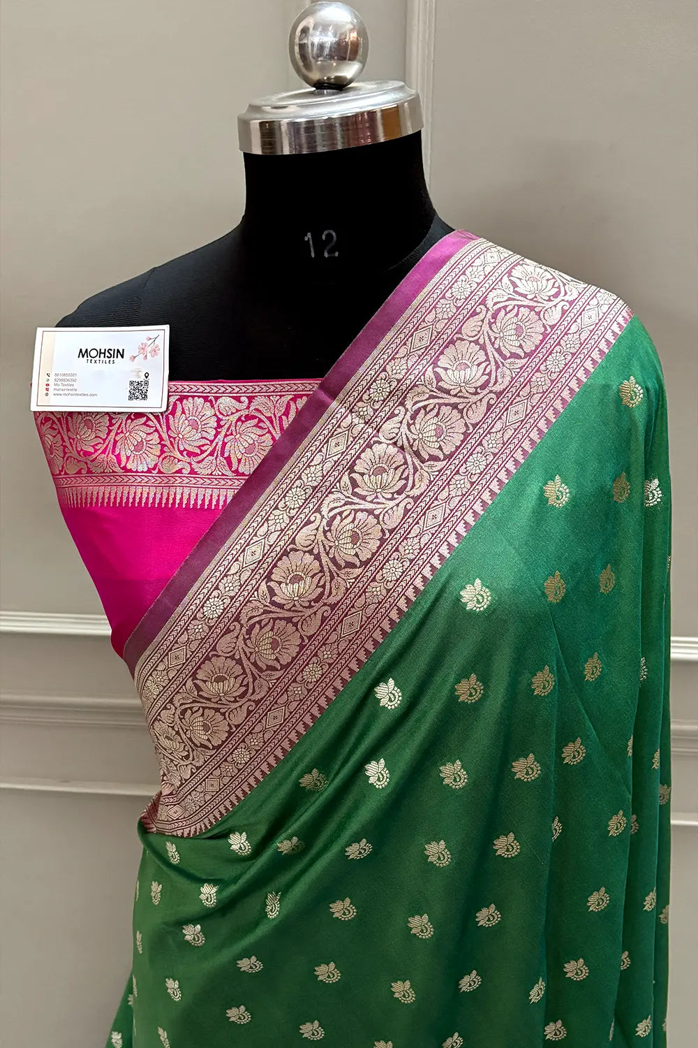 Green and Pink Ghonga Buti Katan Silk Banarasi Saree – Mohsin Textiles