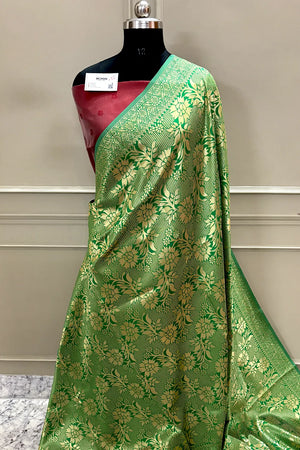 Green and Red Zari Banarasi Silk Saree