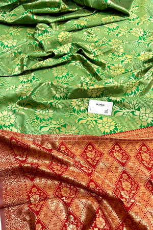 Green and Red Zari Banarasi Silk Saree