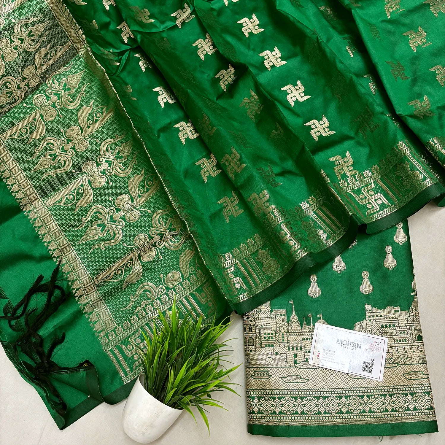 Green Assi Ghat Aarti Semi Katan Silk Banarasi Suit