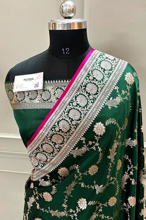 Green Makra Jaal Katan Silk Banarasi Saree