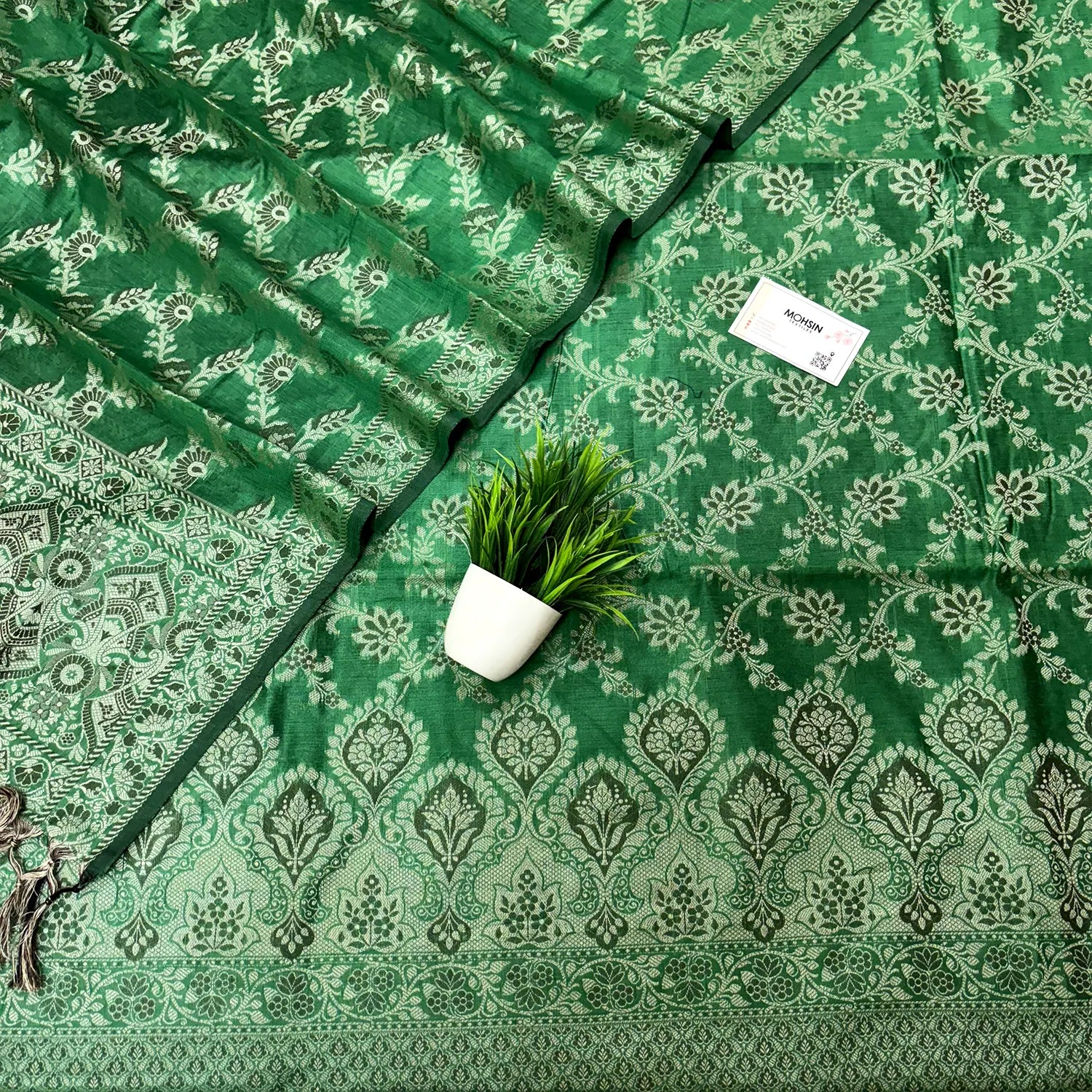 Green Mogambo Jaal Cotton Silk Banarasi Suit