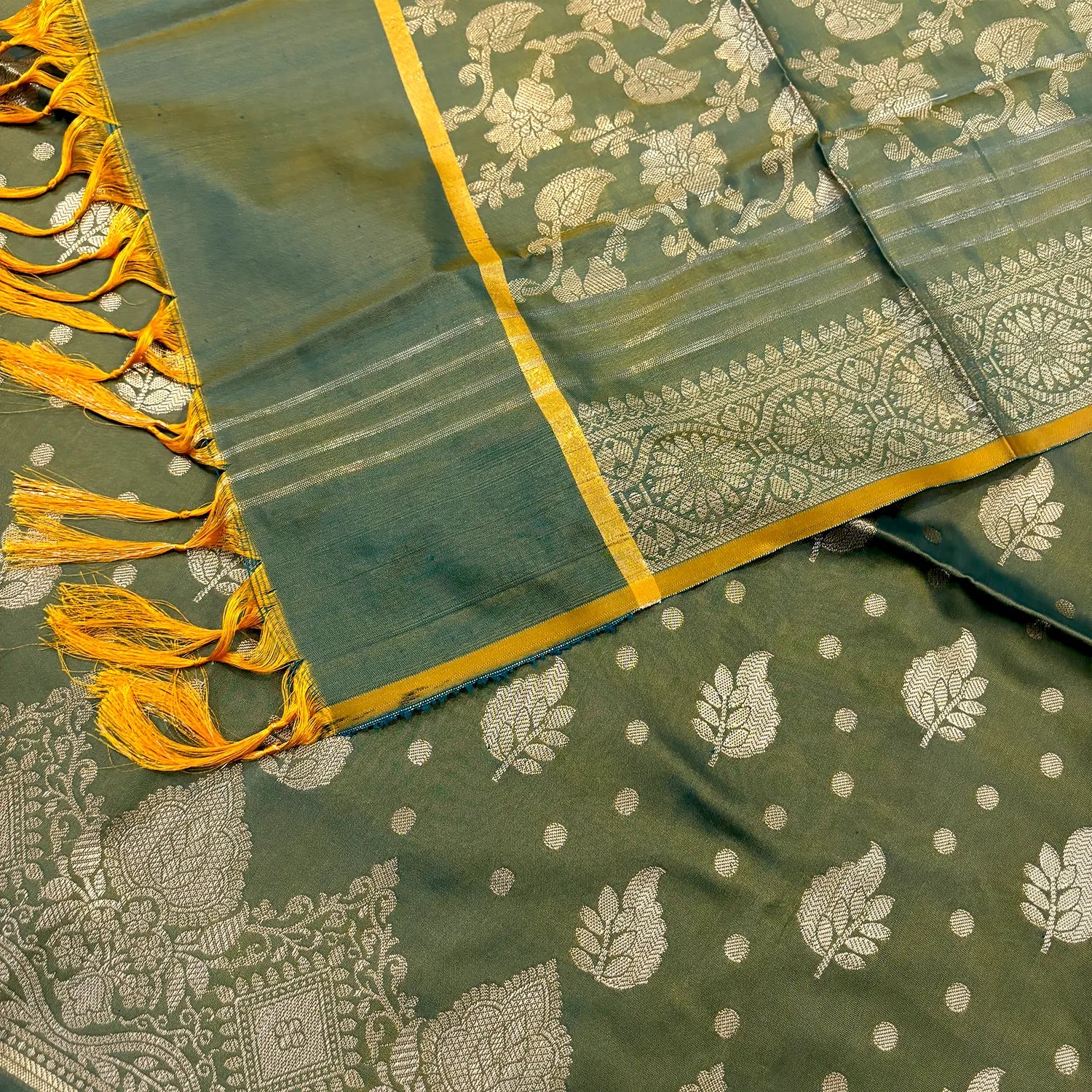 Green Pankh Buti Satin Silk Banarasi Suit