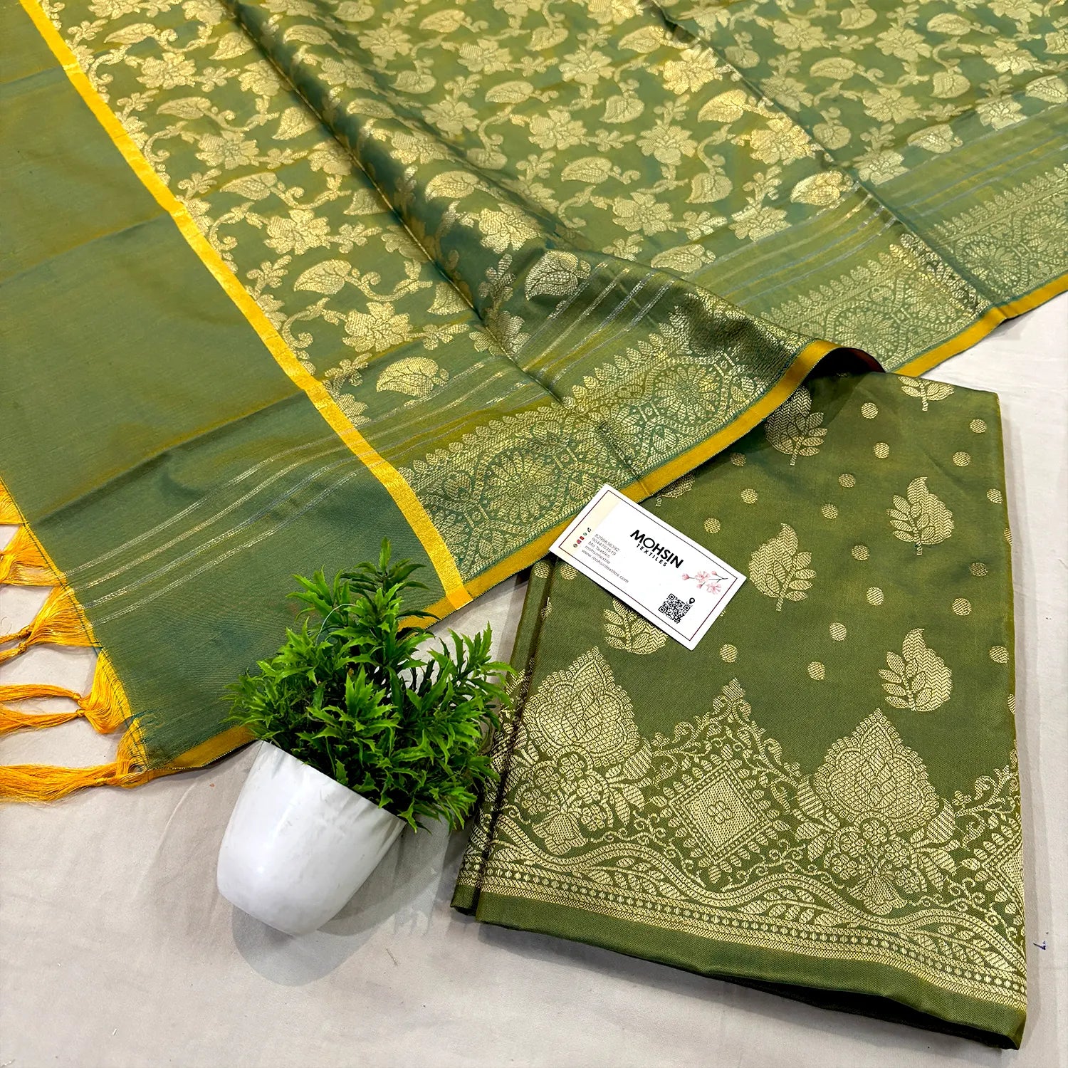 Green Pankh Buti Satin Silk Banarasi Suit