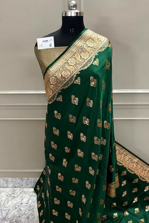 Green  Zari Katan Satin Silk Banarasi Saree