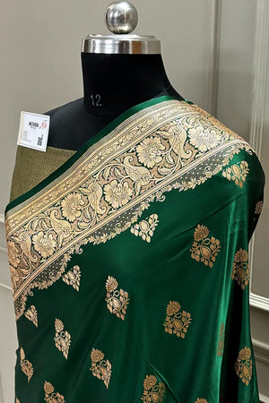 Green  Zari Katan Satin Silk Banarasi Saree