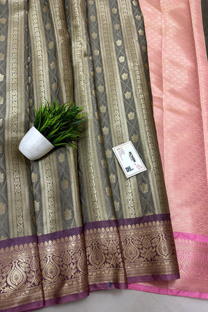 Grey and Baby Pink Tissue Silk Banarasi Saree