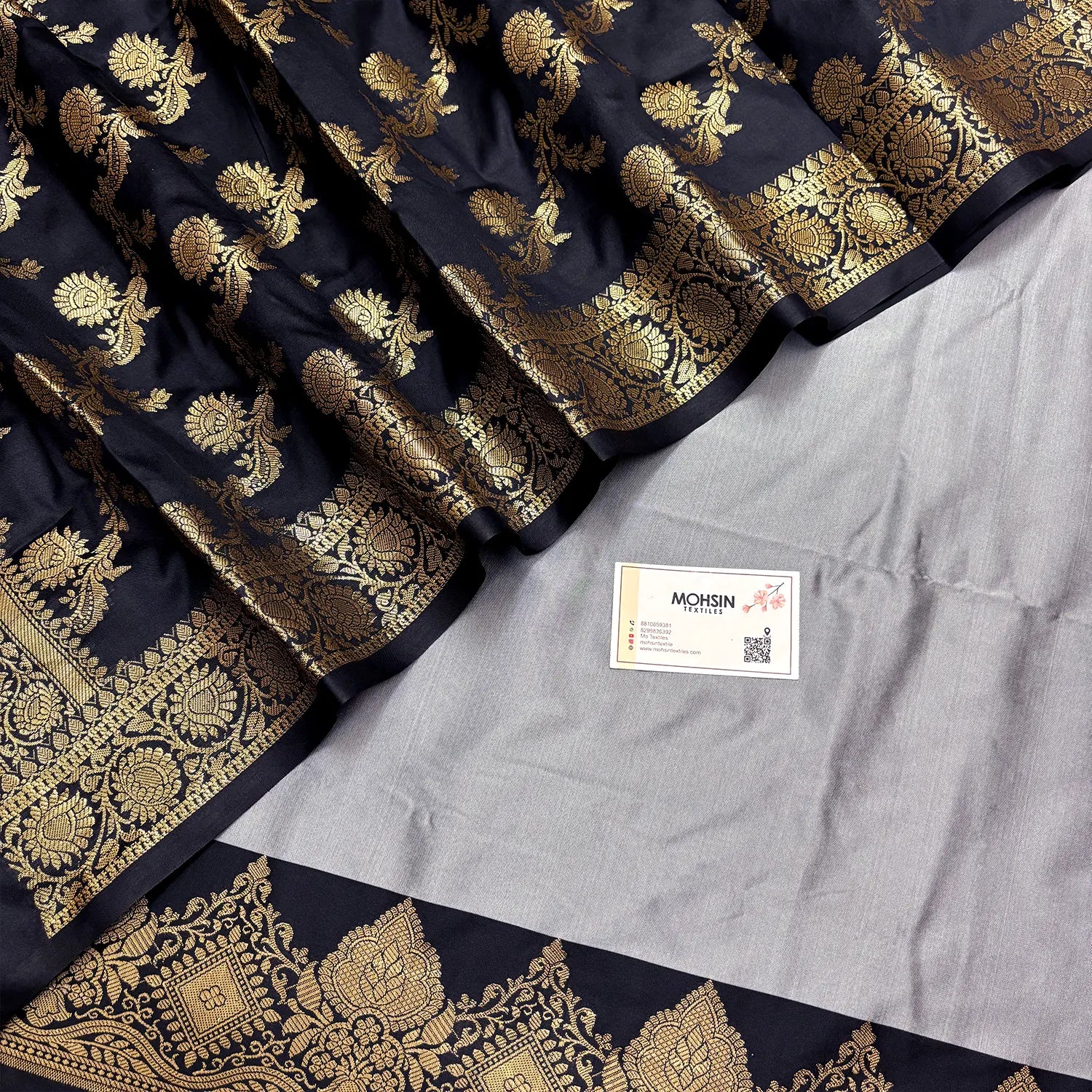 Grey and Black Plain Semi Katan Silk Banarasi Silk Suit
