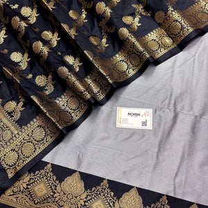 Grey and Black Plain Semi Katan Silk Banarasi Silk Suit