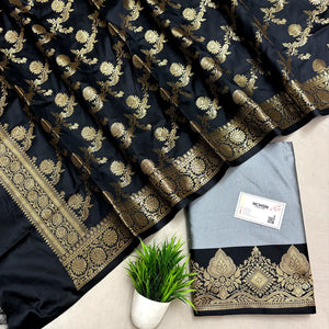 Grey and Black Plain Semi Katan Silk Banarasi Silk Suit